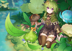  absurdres ahoge black_dress blush bridal_gauntlets brown_thighhighs capelet collei_(genshin_impact) commentary_request crossed_bangs dress earrings falling_leaves female flower fungi_(genshin_impact) genshin_impact grass green_capelet green_hair hair_ornament highres jewelry leaf long_sleeves mikiseriavoid outdoors outstretched_hand parted_lips plant purple_eyes single_earring sitting smile solo thighhighs thighlet thighs wariza 