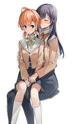  2girls absurdres ahoge arm_grab between_legs black_hair closed_eyes commentary hand_between_legs highres hiroshi_sumi hug interlocked_fingers kneehighs koito_yuu light long_hair low_twintails multiple_girls nanami_touko orange_hair pantyhose red_ribbon ribbon school_uniform shadow short_hair short_twintails simple_background sitting sitting_on_person smile socks tohmi_higashi_high_school_uniform twintails v_arms white_legwear yagate_kimi_ni_naru yellow_ribbon yuri 