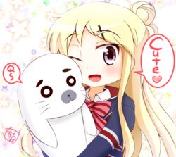  ;d animal blonde_hair blue_jacket blush bow bowtie collared_shirt crossover english_text female flag_print goma-chan hair_bun hair_ornament heart jacket kin-iro_mosaic kuhare kujou_karen long_hair long_sleeves looking_at_viewer moegi_high_school_uniform one_eye_closed open_mouth purple_eyes red_bow red_bowtie school_uniform seal_(animal) shirt shounen_ashibe signature single_hair_bun single_side_bun smile speech_bubble striped_bow striped_bowtie striped_clothes touyama_nao union_jack upper_body voice_actor_connection white_shirt x_hair_ornament 