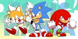  3boys :d animal_nose anniversary banel_springer closed_mouth commentary_request copyright_name furry furry_male gloves highres knuckles_the_echidna male_focus multiple_boys multiple_tails open_mouth red_footwear shoes smile sneakers snout sonic_(series) sonic_mania sonic_the_hedgehog sonic_the_hedgehog_(classic) tail tails_(sonic) thumbs_up two_tails white_gloves 