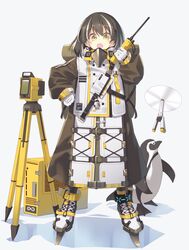  arknights bird brown_hair commentary drone female gloves highres holding holding_walkie-talkie ice_skates jacket long_sleeves looking_at_viewer magallan_(arknights) multicolored_hair open_mouth penguin satou_kibi shadow skates solo_focus streaked_hair theodolite walkie-talkie white_background white_gloves white_hair yellow_eyes 