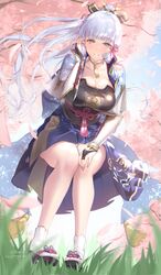  armor au11 blush breastplate breasts cherry_blossoms collar female genshin_impact geta hair_ornament hand_on_own_face hand_up japanese_clothes kamisato_ayaka large_breasts light_blue_eyes light_blue_hair long_hair looking_at_viewer obi parted_lips ribbon sash smile solo squatting tabi thighs 