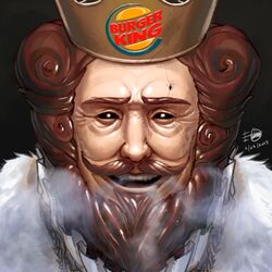  1boy agemmata black_sclera breath bright_pupils brown_eyes brown_hair burger_king cape colored_sclera commentary copyright_name cracked_skin crown curly_hair dated english_commentary facial_hair fur-trimmed_cape fur_trim furrowed_brow goatee horror_(theme) lips logo looking_at_viewer male_focus moustache nose portrait short_hair signature simple_background solo teeth the_king_(burger_king) thick_eyebrows upper_teeth_only white_pupils wrinkled_skin 