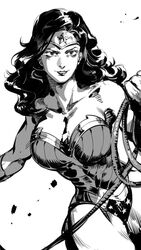  bare_shoulders bracer breasts commentary_request cowboy_shot dc_comics female greyscale headband highres holding large_breasts lasso lasso_of_truth leotard looking_at_viewer medium_hair monochrome parted_lips ruukii_drift simple_background smile solo standing toned white_background wonder_woman wonder_woman_(series) 