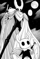  ... 2others bad_id bad_twitter_id cape floating_cape full_moon greyscale highres holding holding_sword holding_weapon hollow_eyes hollow_knight hollow_knight_(character) horns knight_(hollow_knight) making-of_available monochrome moon multiple_others nail_(hollow_knight) night night_sky old_nail_(hollow_knight) outdoors pure_nail_(hollow_knight) second-party_source sky spoken_ellipsis star_(sky) starry_sky sword torn_cape torn_clothes weapon y_naf 