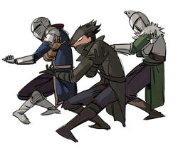  3boys armor bearer_of_the_curse bloodborne boots breastplate brown_footwear chinese_commentary chosen_undead coat commentary_request covered_mouth crossover dancing dark_souls_(series) dark_souls_i dark_souls_ii from_software fur_trim gauntlets hat helmet hunter_(bloodborne) jojo_no_kimyou_na_bouken male_focus mask mouth_mask multiple_boys open_clothes open_coat parody ruukii_drift simple_background standing torture_dance tricorne vento_aureo waist_cape white_background 