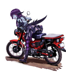  :d argyle_clothes argyle_legwear au_ra blue_eyes boots colored_skin commission dress female final_fantasy final_fantasy_xiv from_side grey_skin hair_over_shoulder horns ishii_hisao long_hair looking_at_viewer looking_to_the_side monster_girl motor_vehicle motorcycle open_mouth original pantyhose purple_dress purple_footwear purple_hair purple_pantyhose red_eyes riding scales short_dress simple_background skeb_commission smile solo tail warrior_of_light_(ff14) white_background 