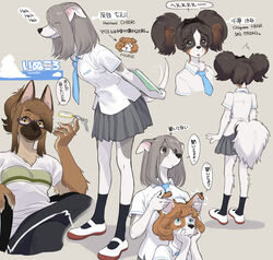  2022 5_fingers anthro bottomwear canid canine canis character_name chigusa_hana claws clothed clothing digital_media_(artwork) domestic_dog female female_anthro finger_claws fingers floppy_ears fluffy footwear fur hair haitani_chieri hi_res higa_marie inukoro_(kikurage) japanese_text keinan&#039;in_miho kemono key kikurage looking_at_viewer mammal multicolored_body multicolored_fur multiple_images papillon partially_translated school_uniform shirt shoes skirt socks tail text topwear toy_dog translation_request uniform 