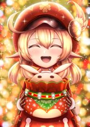  absurdres ahoge aura blonde_hair blurry blurry_background blush christmas christmas_lights closed_eyes dead_angels dodoco_(genshin_impact) dress female genshin_impact gloves hair_between_eyes hat hat_feather highres holding jumpy_dumpty klee_(genshin_impact) looking_at_viewer open_mouth pointy_ears red_dress red_headwear santa_hat shiny smile snowflakes star_(symbol) 