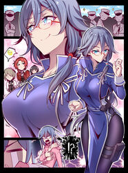  !? 4boys alternate_breast_size blue_eyes blush breasts captain_(honkai_impact) chinese_clothes commentary commentary_request crying dreaming faceless faceless_male flat_chest fu_hua glasses grey_hair highres hirakuneko honkai_(series) honkai_impact_3rd jealous long_hair multiple_boys murata_himeko pajamas pantyhose raiden_mei red_hair rita_rossweisse smirk streaming_tears tears thigh_pouch 