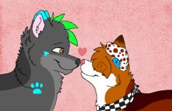  2012 aliasing ambiguous_gender blue_body blue_fur blue_inner_ear brown_body brown_eyes brown_fur canid canine canis checkered checkered_kerchief checkered_neckerchief digital_drawing_(artwork) digital_media_(artwork) domestic_dog duo eye_contact feral flat_colors footprint fur green_body green_fur grey_body grey_fur grey_nose hair hair_over_eye head_tuft heart_symbol herding_dog husky kerchief looking_at_another low_res mammal markings microsoft_paint_(artwork) mixed_breed narrowed_eyes neckerchief nordic_sled_dog one_ear_up one_eye_obstructed pastoral_dog pattern_kerchief pattern_neckerchief pawprint pawprint_(marking) pink_background pink_inner_ear pink_nose romantic romantic_couple sebdoggo simple_background smile snout sparklefur spitz spotted_ears tuft welsh_corgi white_body white_fur wolf 