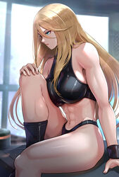  abs blonde_hair blue_eyes breasts closed_mouth copyright_request crop_top female gonzarez hair_between_eyes highres large_breasts lips looking_away metroid mole mole_under_mouth navel samus_aran sitting solo super_metroid 