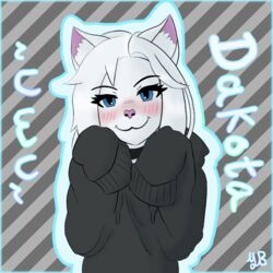  1:1 anthro blue_eyes blush choker clothing dakota_(yeetboi420z) domestic_cat felid feline felis femboy hair hi_res hoodie jewelry male mammal necklace oversized_clothing oversized_hoodie oversized_topwear simple_background sleeves_past_wrists solo topwear white_body white_hair yeetboi420z 