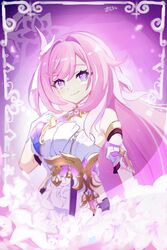  bare_shoulders closed_mouth commentary dress elysia_(herrscher_of_human:_ego)_(honkai_impact) elysia_(honkai_impact) female flower hair_between_eyes hair_intakes hand_up highres honkai_(series) honkai_impact_3rd long_hair looking_at_viewer macaroni_0101 pink_hair purple_eyes signature smile solo strapless strapless_dress very_long_hair white_dress white_flower 