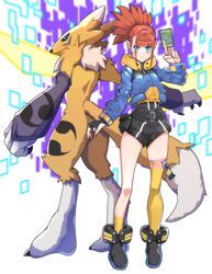  2girls absurdres alternate_costume asymmetrical_legwear black_footwear black_gloves black_leotard blue_eyes blue_jacket blush brown_hair card claws clip_studio_paint_(medium) closed_mouth commentary covered_navel currynoodle_art digimon digimon_(creature) digimon_tamers fingerless_gloves full_body furry furry_female gloves hand_up highres holding holding_card jacket leotard long_sleeves makino_ruki multiple_girls ponytail pouch renamon serious shoes single_glove single_sock single_thighhigh socks standing tail thighhighs uneven_legwear yellow_socks yellow_thighhighs zipper zipper_pull_tab 