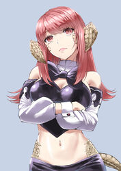  au_ra bare_shoulders black_bow black_bowtie bow bowtie breasts cleavage closed_mouth crossed_arms female final_fantasy final_fantasy_xiv grey_background head_tilt highres horns ishii_hisao large_breasts long_hair long_sleeves navel red_eyes red_hair revision scales simple_background solo tail warrior_of_light_(ff14) 