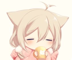  =_= ahoge ahoge_wag animal_ears blonde_hair blush chaso_(konshin) check_commentary chibi closed_eyes commentary_request cup dated drinking ears_down expressive_hair facing_viewer female fox_ears hair_between_eyes holding konshin original pink_background pink_scarf scarf signature simple_background solo wide_face 