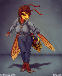  2016 4_arms antennae_(anatomy) anthro arthropod arthropod_abdomen biped bottomwear chirasul clothed clothing digital_media_(artwork) european_hornet female full-length_portrait hair hi_res hornet hymenopteran insect_wings insects jacket jewelry looking_at_viewer mandibles multi_arm multi_limb necklace open_mouth pants pendant portrait shadow simple_background solo standing teeth tongue topwear vespid wasp watermark wings 