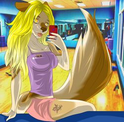  anthro arkbeast_(artist) blonde_hair canid canine charm_(disambiguation) clothing electronics female hair jewelry mammal mia_(character) necklace phone selfie solo tattoo yellow_eyes 