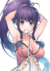  armpits arms_up blue_eyes blue_hair braid breasts cleavage female fire_emblem fire_emblem:_the_sacred_stones fire_emblem_heroes highres long_hair mouth_hold official_alternate_costume one-piece_swimsuit ponytail ribbon ribbon_in_mouth solo swimsuit tana_(fire_emblem) tana_(summer)_(fire_emblem) tarayuki twin_braids tying_hair upper_body very_long_hair white_background 