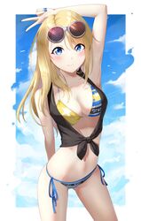  arm_up armpits bikini blonde_hair blue_eyes blue_nails blue_sky breasts day female highres long_hair looking_at_viewer medium_breasts morros nail_polish navel original sky smile solo sunglasses swimsuit v 