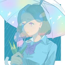  bad_id bad_twitter_id border bow bowtie brown_hair collared_shirt female flower hands_up highres holding holding_flower holding_umbrella mu_mashu multicolored_umbrella original pink_bow pink_bowtie pink_eyes pink_flower pink_tulip purple_bow shirt short_hair smile solo star_(symbol) tulip umbrella upper_body white_border white_flower white_shirt white_tulip 