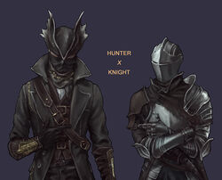  2boys armor ashen_one_(dark_souls_3) belt black_coat black_gloves black_headwear black_mask bloodborne blue_background coat commentary dark_souls_(series) dark_souls_iii eika127 english_commentary english_text gauntlets gloves hat hat_over_eyes helm helmet hunter_(bloodborne) knight male_focus mask mouth_mask multiple_boys pauldrons pointing pointing_at_another shoulder_armor simple_background torn torn_clothes vambraces 