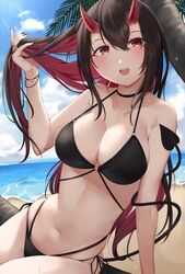  beach bikini black_bikini black_hair blue_sky breasts colored_inner_hair day demon_girl demon_tail female highres horns large_breasts long_hair looking_at_viewer morros multicolored_hair nail_polish navel original outdoors red_eyes red_hair sky smile solo sunlight swimsuit tail very_long_hair 