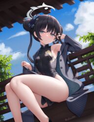  armpits bare_legs black_dress black_footwear black_jacket blue_archive blue_eyes blue_sky breasts butterfly_hair_ornament cementite china_dress chinese_clothes closed_mouth cloud commentary_request day double_bun dragon_print dress female hair_bun hair_ornament halo hand_in_own_hair highres jacket kisaki_(blue_archive) legs long_hair looking_at_viewer outdoors print_dress shoes sitting sky small_breasts smile solo striped_clothes striped_jacket thighs twintails twitter_username vertical-striped_clothes vertical-striped_jacket 