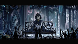  absurdres bench black_pantyhose blue_eyes blue_hair brooch cape commentary cosplay earrings english_commentary female grass heart heart_earrings highres hollow_knight hololive hololive_english jewelry knight_(hollow_knight) knight_(hollow_knight)_(cosplay) letterboxed looking_at_viewer mask medium_hair ouro_kronii pantyhose sitting solo unworn_mask virtual_youtuber vyragami 