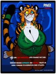  bell_ear_ring bell_on_tail big_breasts bodily_fluids border breasts card_game clothed clothing english_text felid female fur gameplay_mechanics gaming hair hi_res hypnofood hypnosis mammal mind_control orange_body orange_fur orange_hair pantherine sascha_(hypnofood) simple_background solo stripes sweat text tiger whiskers white_body white_border white_fur 