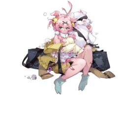  ahoge animal_ears animal_pillow bandaid bandaid_on_leg bandaid_on_nose bell blue_eyes breasts colored_skin female full_body furry game_cg girls&#039;_frontline glasses hair_bell hair_ornament hairclip highres holding holding_pillow jacket large_breasts off_shoulder official_art pig_ears pig_girl pig_nose pillow pink_hair pink_skin pout sitting socks solo tabuk_(girls&#039;_frontline) tachi-e tearing_up torn_clothes transparent_background twintails weapon_case yellow_jacket you_hashira 