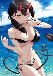  :p beach bikini black_bikini black_hair black_nails black_tail blue_sky breasts come_hither commentary day demon_girl demon_tail earrings female hair_ornament heart highres horns jewelry large_breasts long_hair looking_at_viewer morros nail_polish navel ocean original outdoors popsicle_stick red_eyes red_horns sky smile solo swimsuit symbol-only_commentary tail tongue tongue_out water 