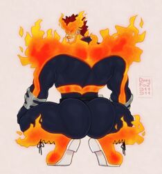  1boy artist_name ass beard bodysuit boku_no_hero_academia boots broly_culo_(meme) dirtyfox911911 endeavor_(boku_no_hero_academia) facial_hair fire from_behind full_body gloves grey_background highres huge_ass looking_at_viewer looking_back male_focus mature_male meme muscular muscular_male parody red_hair short_hair simple_background solo spiked_hair squatting superhero_costume 