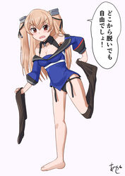  akashieru black_panties black_thighhighs blue_shirt breasts brown_eyes cleavage commentary_request female highres holding holding_clothes holding_legwear johnston_(kancolle) kantai_collection light_brown_hair long_hair looking_at_viewer medium_breasts no_pants off-shoulder_shirt off_shoulder one-hour_drawing_challenge panties sailor_collar school_uniform serafuku shirt simple_background solo standing thighhighs translated two_side_up underwear undressing unworn_thighhighs white_background 