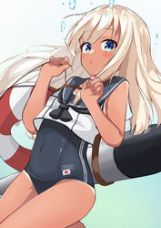  absurdres bare_arms bare_legs black_one-piece_swimsuit black_sailor_collar blonde_hair blue_eyes blush covered_navel female highres innertube kantai_collection long_hair one-piece_swimsuit osmium-76 parted_lips ro-500_(kancolle) sailor_collar sailor_shirt school_swimsuit shirt sleeveless sleeveless_shirt solo swim_ring swimsuit swimsuit_under_clothes tan torpedo white_shirt 