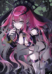  baobhan_sith_(fate) baobhan_sith_(second_ascension)_(fate) bare_shoulders black_panties bracelet breasts bridal_gauntlets detached_sleeves earrings fate/grand_order fate_(series) female grey_eyes grin jewelry large_breasts long_hair looking_at_viewer na222222 navel panties pink_hair pointy_ears revealing_clothes sidelocks smile solo thigh_strap thighs tiara underwear veil very_long_hair 