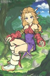  blonde_hair blue_eyes breasts closed_mouth commentary criss-cross_halter detached_sleeves dress female full_body gofelem hair_ornament hair_tubes halterneck imu_(lom) legend_of_mana long_hair looking_at_viewer seiken_densetsu smile solo unfinished 