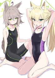  2girls absurdres animal_ears armpits barefoot black_one-piece_swimsuit blonde_hair blue_archive braid breasts competition_swimsuit covered_navel green_eyes grey_hair hair_lift hair_tie_in_mouth halo hand_in_own_hair hands_in_hair highleg highleg_swimsuit highres holding holding_own_hair kurumi_(blue_archive) long_hair mochini mouth_hold multiple_girls one-piece_swimsuit otogi_(blue_archive) ponytail simple_background single_braid sitting small_breasts swimsuit two-tone_swimsuit tying_hair very_long_hair wariza white_background wolf_ears 