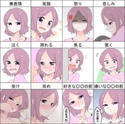  anger_vein around_corner blush embarrassed expression_chart expressionless expressions female hickey implied_sex jitome multiple_views new_game! portrait purple_eyes sad shaded_face smile sweat tooyama_rin topless yuuki_(yunky373) 