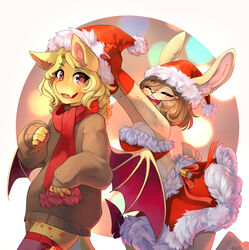  absurd_res anthro bell bottomwear bow_ribbon brown_body brown_fur brown_hair christmas christmas_clothing christmas_headwear closed_eyes clothed clothing costume domestic_rabbit dragon dragon_tail duo ear_tuft ears_up female female/female festive fluffy fluffy_ears fluffy_tail freckles fur hair hand_on_hat hat headgear headwear hi_res holidays hybrid jumping lagomorph legwear leporid long_hair mammal mythological_creature mythological_scalie mythology oryctolagus pantsless pointed_tail rabbit raised_wings red_clothing red_eyes santa_costume santa_hat scalie scarf scut_tail short_hair short_tail skimpy skirt sweater tail talilly tanya_joyce thigh_highs topwear tuft wings yellow_body yellow_fur yellow_tail yulia_(bakedbunny) 