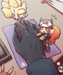  1other 4girls :&lt; amiya_(arknights) animal_ear_fluff animal_ears animal_ears_helmet arknights black_footwear black_gloves blonde_hair blush boots brown_eyes brown_hair chibi commentary_request computer_keyboard computer_mouse doctor_(arknights) fire_helmet firefighter_jacket flying_sweatdrops fox_ears fox_girl fox_tail gloves green_eyes grey_hair hair_between_eyes heart jacket kitsune long_sleeves mini_person minigirl mousepad_(object) multiple_girls notice_lines open_mouth rabbit_ears red_eyes shaw_(arknights) single_glove skadi_(arknights) spoken_heart squirrel_tail suzuran_(arknights) tail teeth triangle_mouth twitter_username upper_teeth_only white_headwear yodo_rado 