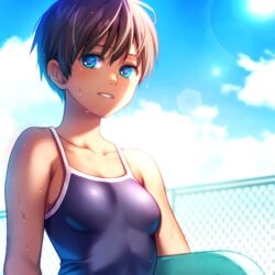  bare_shoulders blue_eyes blue_one-piece_swimsuit blue_sky blurry blurry_background breasts brown_hair chain-link_fence cloud collarbone commentary_request competition_school_swimsuit day depth_of_field female fence from_side hair_between_eyes holding holding_kickboard lens_flare looking_at_viewer nora_wanko one-piece_swimsuit original outdoors parted_lips school_swimsuit short_hair sky small_breasts solo sun sunlight swimsuit tan tomboy upper_body wet 