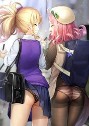  2girls :d ^_^ accidental_exposure ahoge ass bag bag_charm beret black_panties blonde_hair blurry blush brown_dress brown_legwear brown_sailor_collar canaan_(monster_strike) charm_(object) closed_eyes clothes_lift clueless cowboy_shot cup curly_hair depth_of_field disposable_cup dress dress_lift from_behind grin hat highres holding holding_cup long_hair long_sleeves monster_strike multiple_girls open_mouth outdoors panties panties_under_pantyhose pantyhose pantyshot pink_hair pink_panties polka_dot polka_dot_panties ponytail sailor_collar sailor_dress saki_mitama_(monster_strike) school_bag school_uniform serafuku shirt sidelocks skirt_caught_on_object smile star_(symbol) striped_clothes striped_panties sweater_vest thighs tsuseki underwear wardrobe_malfunction white_headwear white_shirt 