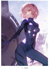  absurdres adapted_costume bodysuit breasts crossover fate/grand_order fate_(series) female hair_ornament hair_over_one_eye highres holding holding_shield impossible_bodysuit impossible_clothes interface_headset light_purple_hair long_sleeves looking_to_the_side lord_camelot_(fate) mash_kyrielight mash_kyrielight_(ortenaus) medium_breasts neon_genesis_evangelion parted_lips pilot_suit pink_hair plugsuit purple_eyes rebuild_of_evangelion scan science_fiction shield shiny_clothes short_hair siino simple_background skin_tight solo turtleneck 