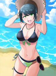  arm_up beach bikini blue_sky breasts cleavage day female green_eyes green_hair hat highres jewelry large_breasts looking_at_viewer morros navel necklace original outdoors sky smile solo sun_hat sunglasses swimsuit 