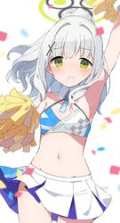  armpits blue_archive blush breasts cheerleader commentary_request cosplay female flat_chest green_eyes grey_hair hair_intakes hair_ornament hairclip halo hare_(blue_archive) highres midriff millennium_cheerleader_outfit_(blue_archive) mochigome_(ununquadium) navel pleated_skirt pom_pom_(cheerleading) ponytail skirt solo white_skirt 