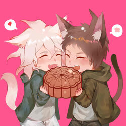  2boys absurdres ahoge animal_ears bangs blush brown_hair cake cat_boy cat_ears cat_tail chibi closed_eyes commentary_request cowboy_shot danganronpa_(series) danganronpa_2:_goodbye_despair food green_jacket grey_hair grey_shirt heart highres hinata_hajime holding holding_food hood hooded_jacket jacket kemonomimi_mode komaeda_nagito male_focus mooncake multiple_boys oerba_yun_fang open_mouth pants pink_background shiny shiny_hair shirt short_hair simple_background speech_bubble spoken_heart tail tuteurfars_shin 