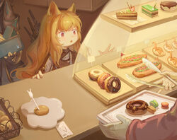  2others :o absurdres animal_ears arknights bakery black_jacket brown_hair cake cake_slice ceobe_(arknights) chinese_commentary doctor_(arknights) dog_ears doughnut female food highres holding holding_tongs holding_wallet hot_dog indoors jacket long_hair macaron mixed-language_commentary multiple_others red_eyes rlonely_zhuazi shop solo_focus tongs tray upper_body wallet weapon weapon_on_back 