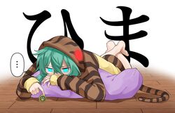  ... bare_legs barefoot bean_bag_chair blue_hair commentary crossed_legs female glowing glowing_eyes hair_between_eyes highres hood hood_up hoodie isobee japari_coin kemono_friends long_sleeves lying on_stomach print_hoodie short_hair snake_print snake_tail solo spoken_ellipsis tail the_pose translated tsuchinoko_(kemono_friends) wooden_floor 